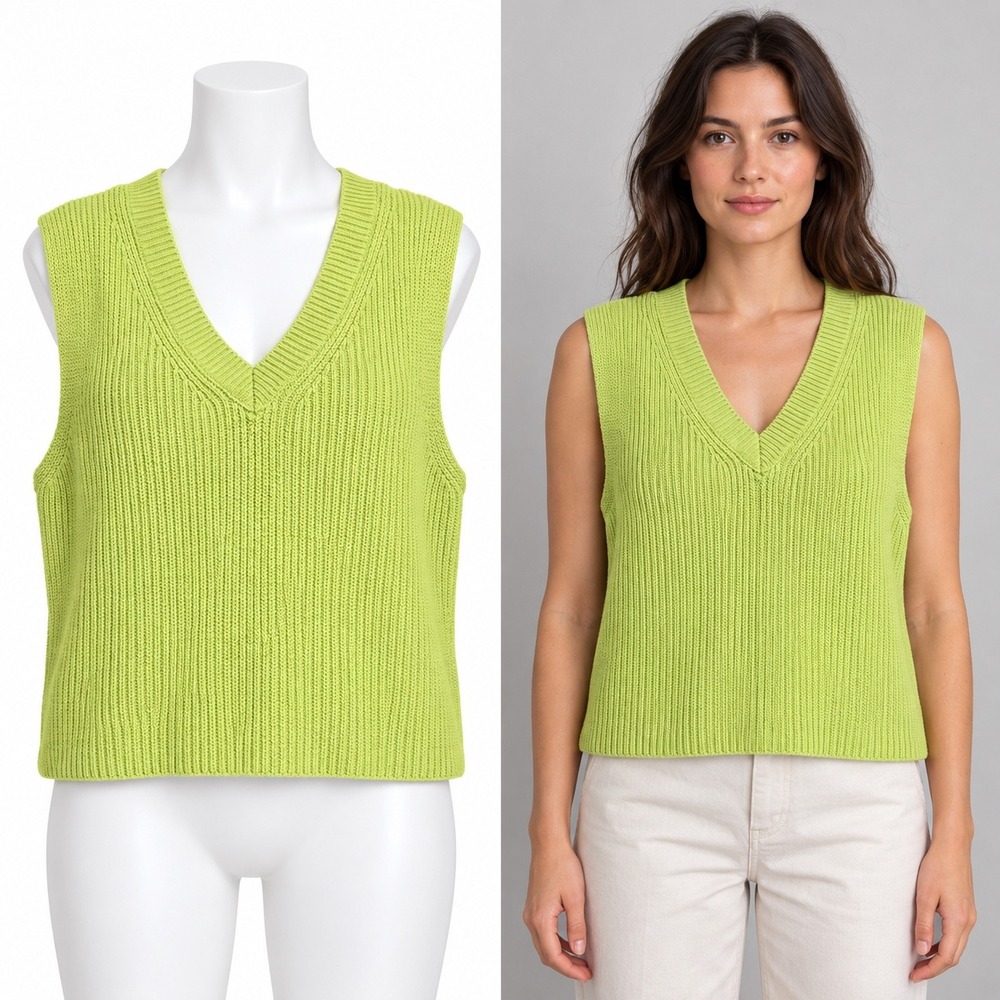 Zara Sweater Vest Women Medium Lime Green Ribbed V-Neck Knit Preppy Minimalist